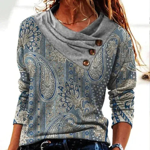 Zora Women's Long Sleeve Asymmetrical Button Neck Top in gray paisley print, front view
