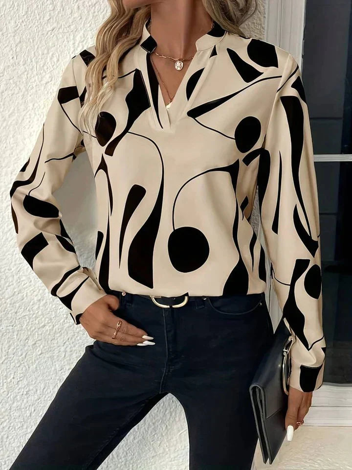 Women's Long Sleeve Print Blouse in Beige abstract print, front view with jeans – Linnea