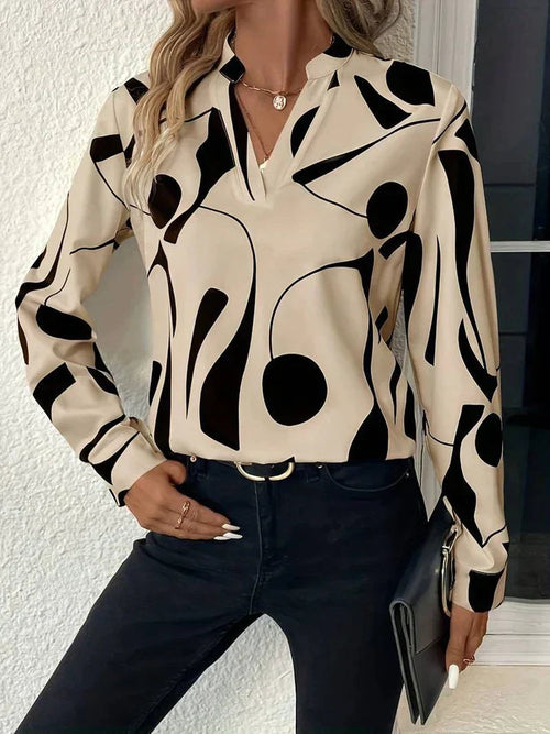 Women's Long Sleeve Print Blouse in Beige abstract print, front view with jeans – Linnea