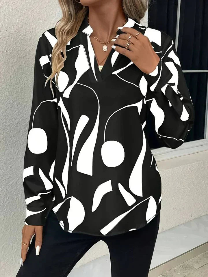 Women's Long Sleeve Print Blouse in Black, front view with the V neckline – Linnea