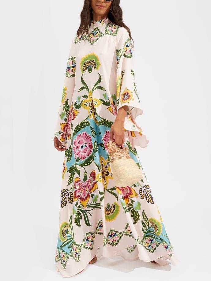 Cream Fern long sleeve printed maxi dress, studio front view with bold floral print