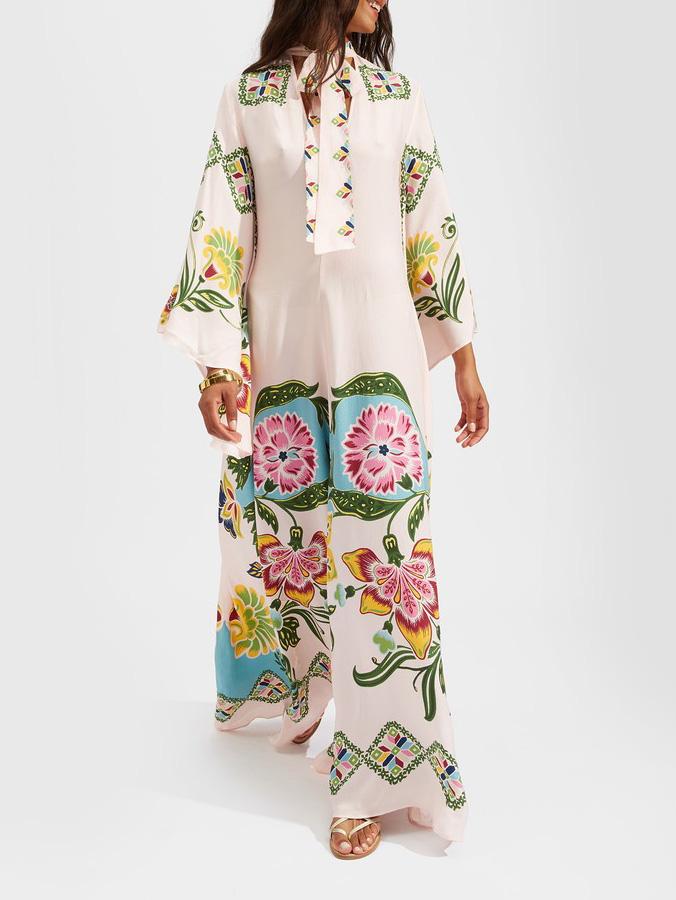Fern cream printed maxi dress, front view showing the wide bell sleeves and placket