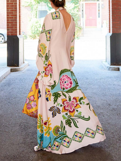 Cream Fern long sleeve printed maxi dress from behind, showing the open back tie