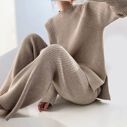 Jelena women's ribbed knit wide leg two-piece set in beige, seated front view