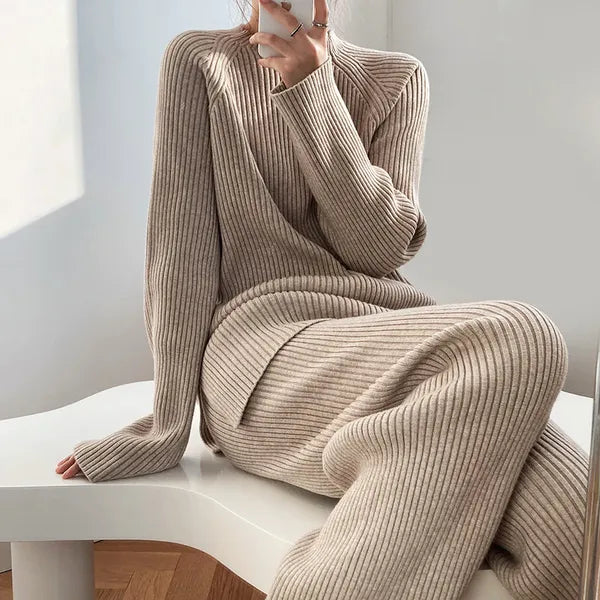 Jelena beige ribbed knit sweater and wide leg trousers set, model seated