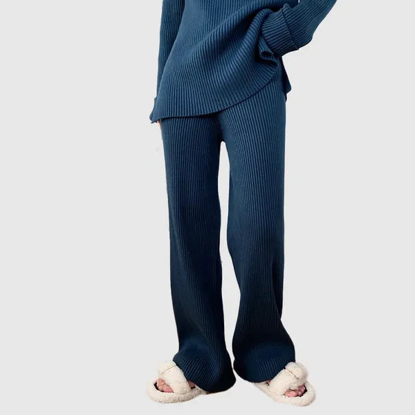 Jelena blue ribbed knit set, close-up of wide leg trousers and top hem