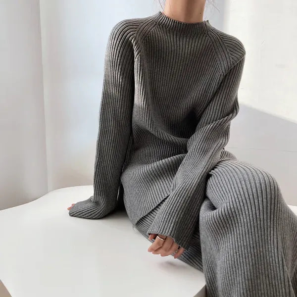 Jelena women's ribbed knit wide leg two-piece set in gray, seated front view