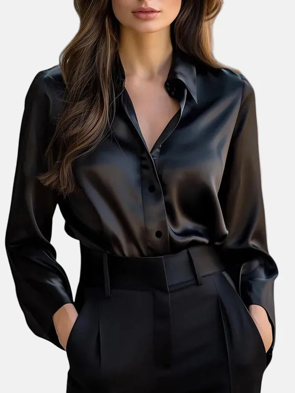Women's Long Sleeve Satin Blouse in Black, front view with tailored trousers – Carmina