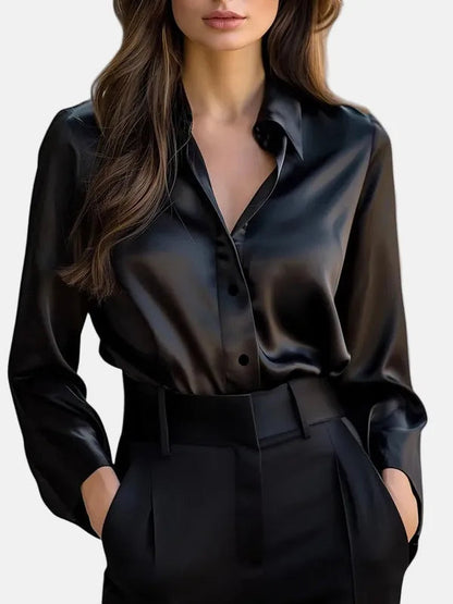 Women's Long Sleeve Satin Blouse in Black, front view with tailored trousers – Carmina
