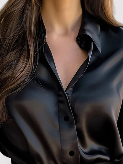 Women's Long Sleeve Satin Blouse in Black, detail of the satin sheen and placket – Carmina