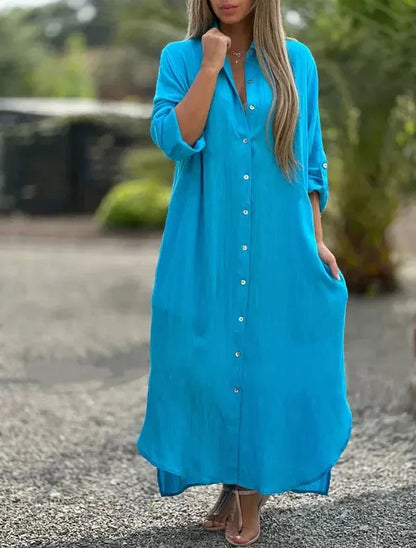 Baby blue Camilla long sleeve shirt maxi dress, bright front view on model
