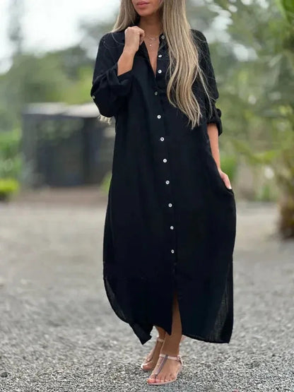 Black Camilla long sleeve shirt maxi dress, front view of the oversized silhouette
