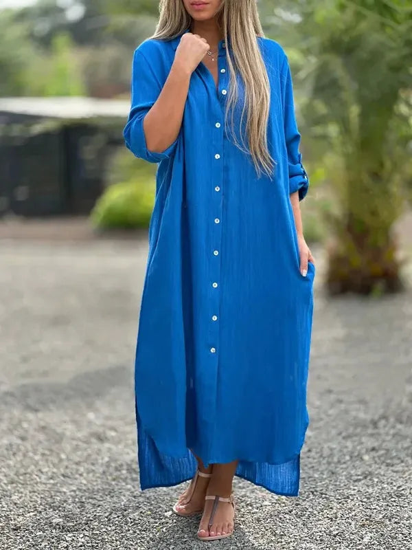 Dark blue Camilla long sleeve shirt maxi dress, front view with rolled back cuffs