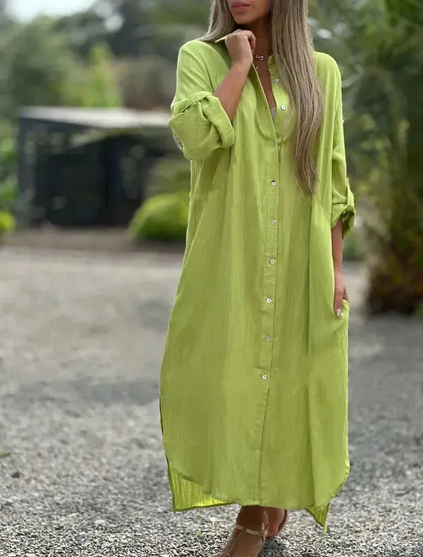 Light green Camilla long sleeve shirt maxi dress in lime, full front view on model