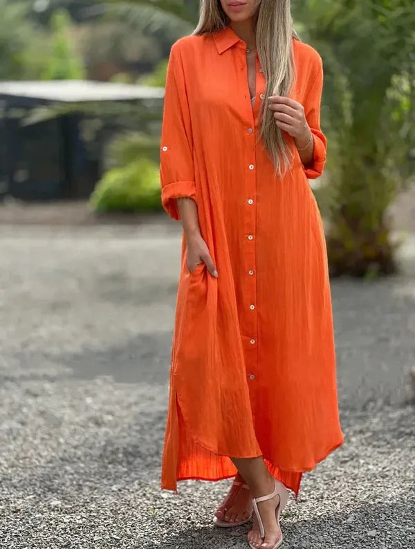 Orange Camilla long sleeve shirt maxi dress, relaxed front view with side pockets