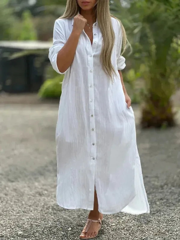White Camilla long sleeve shirt maxi dress, front view with button-through placket