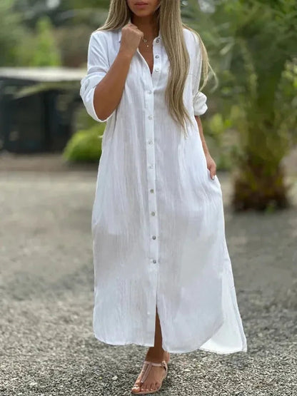 White Camilla long sleeve shirt maxi dress, front view with button-through placket