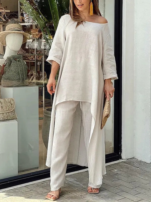 Cecyliana women's long sleeve wide leg two-piece set in beige, front view
