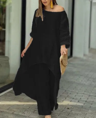 Cecyliana women's long sleeve wide leg two-piece set in black, front view