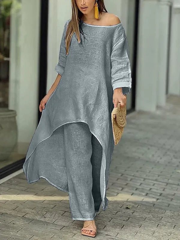 Cecyliana women's long sleeve wide leg two-piece set in gray, front view