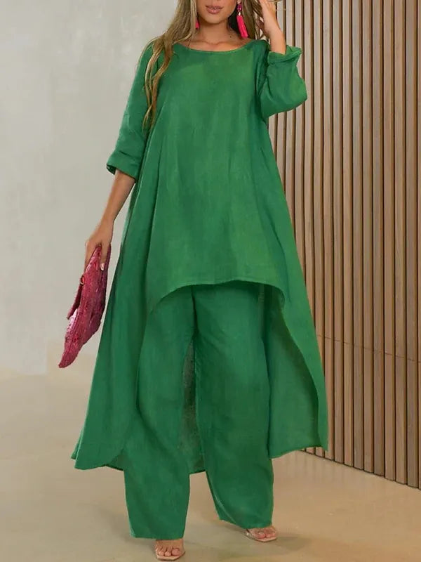 Cecyliana women's long sleeve wide leg two-piece set in green, front view