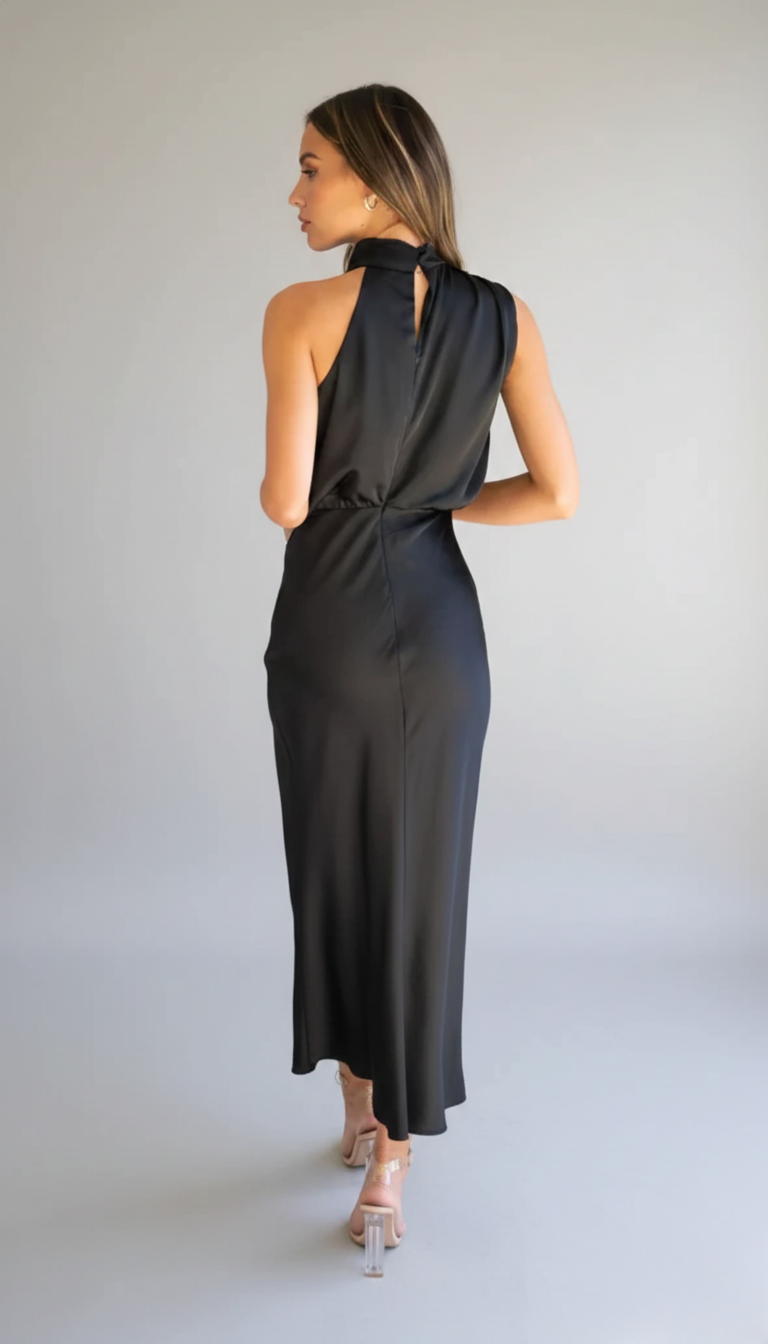 Black Women's Midi Dress - Clare, back view showing open halter neckline and bias satin skirt