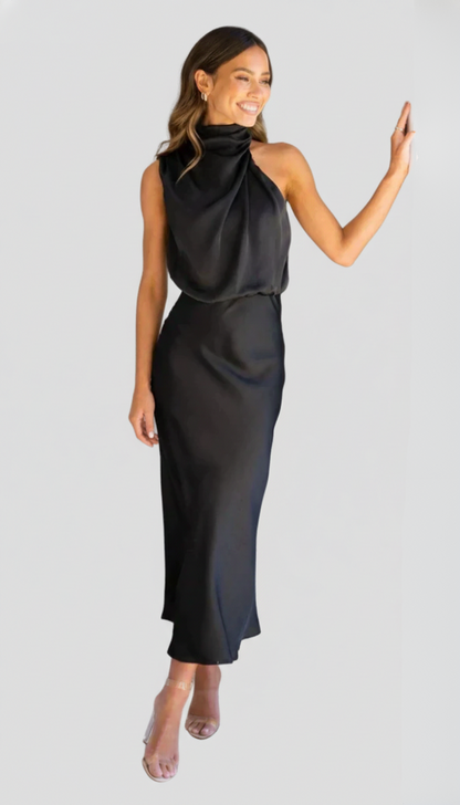 Black Women's Midi Dress - Clare, satin halter neck with blouson bodice, front view on model