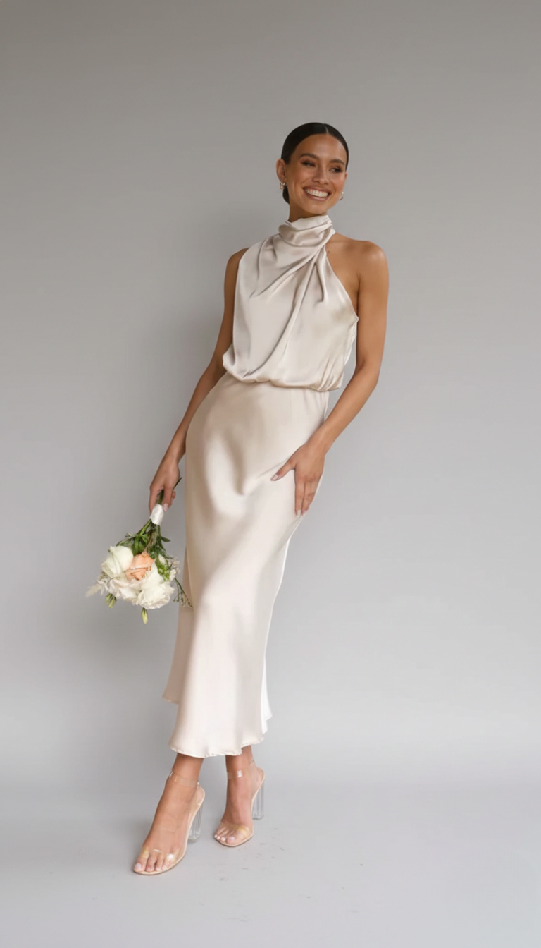 Champagne Women's Midi Dress - Clare, satin halter neck with blouson bodice, front view on model