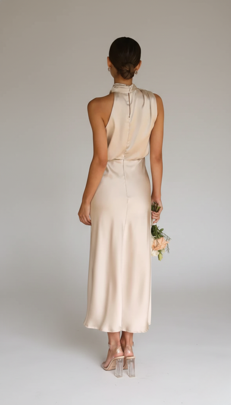 Champagne Women's Midi Dress - Clare, back view showing open halter neckline and satin skirt