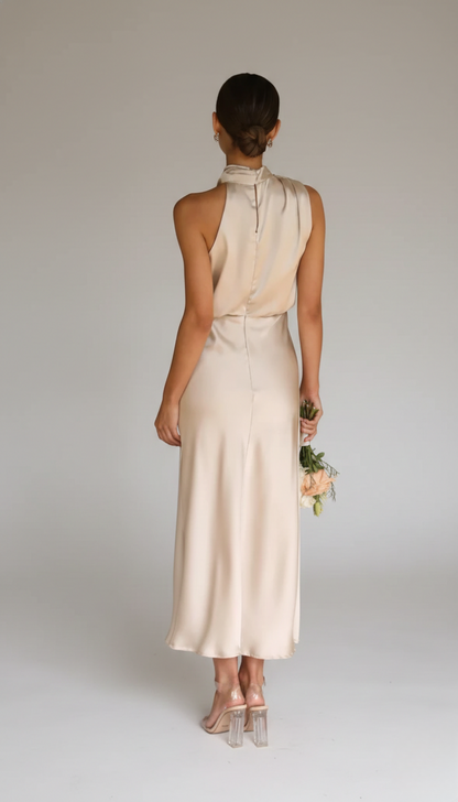 Champagne Women's Midi Dress - Clare, back view showing open halter neckline and satin skirt