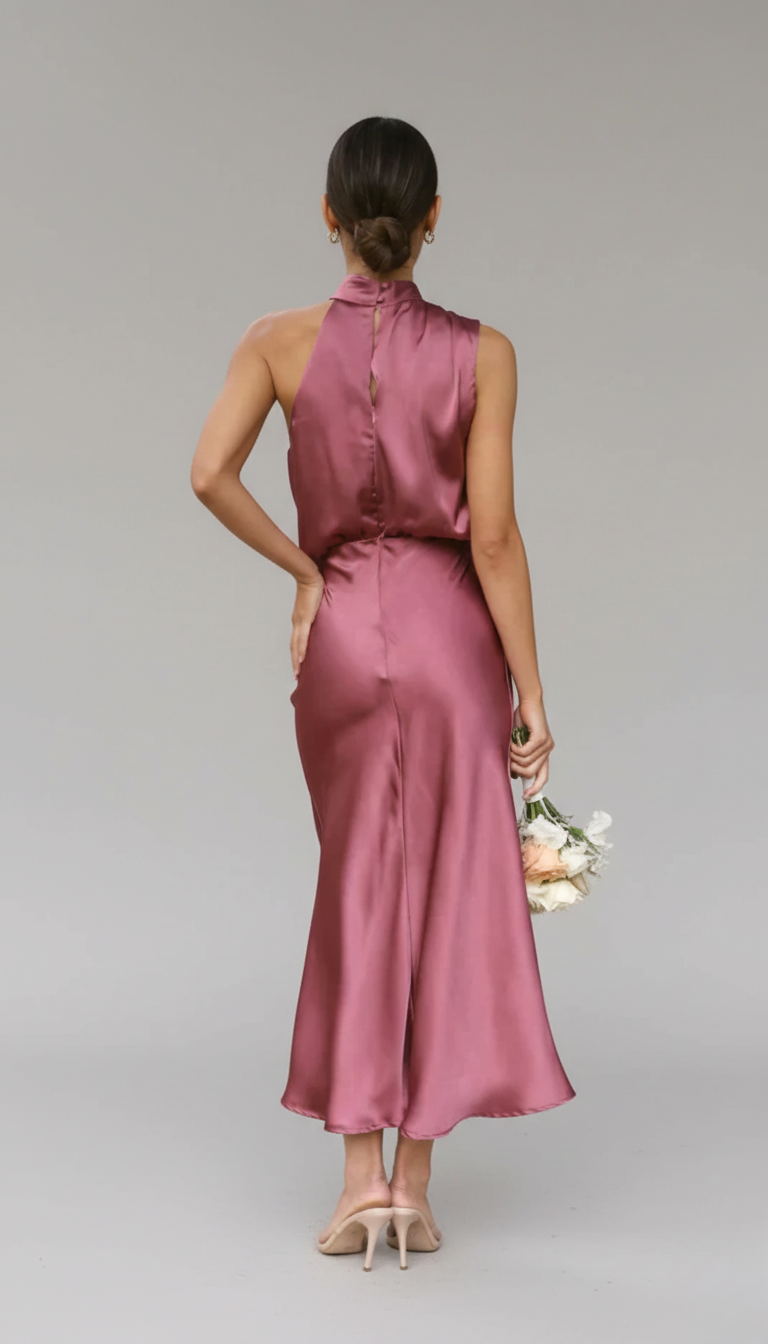 Pink Women's Midi Dress - Clare, back view showing open halter neckline and bias satin skirt