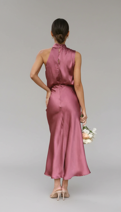 Pink Women's Midi Dress - Clare, back view showing open halter neckline and bias satin skirt