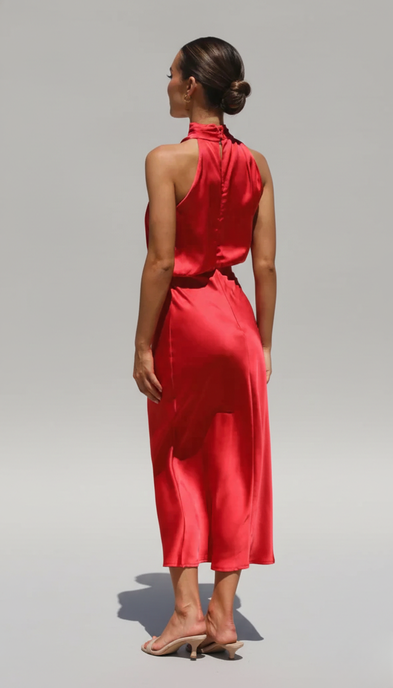 Red Women's Midi Dress - Clare, back view showing open halter neckline and bias satin skirt