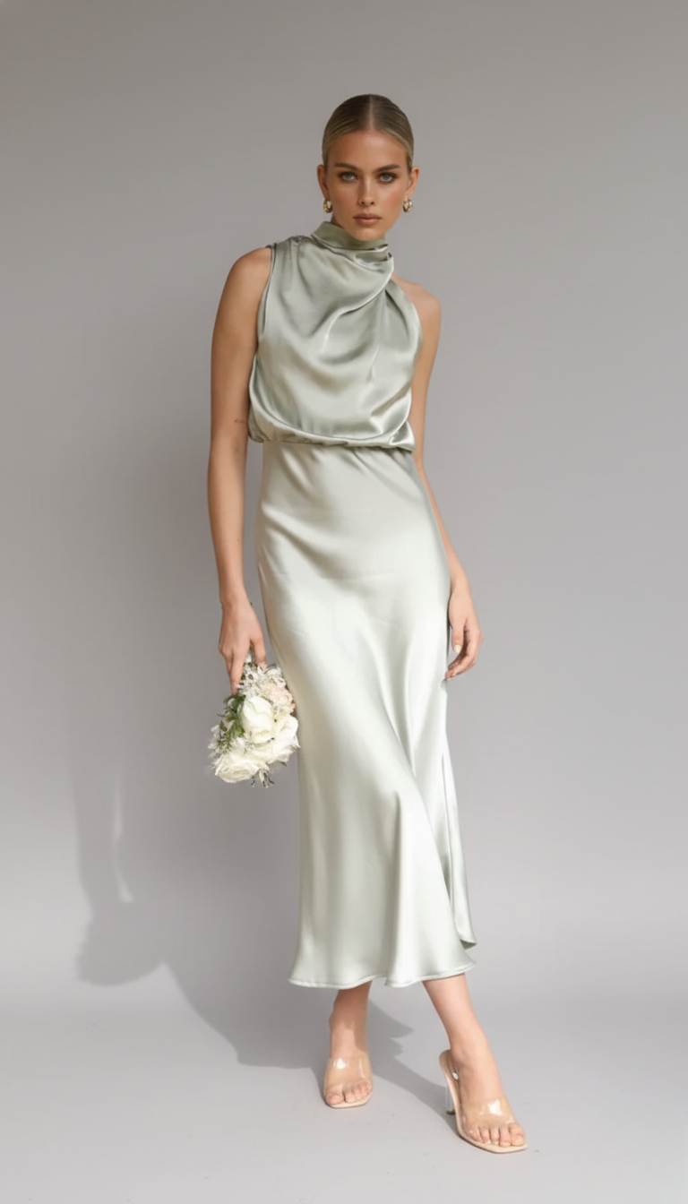Sage Green Women's Midi Dress - Clare, satin halter neck with draped bodice, front view on model