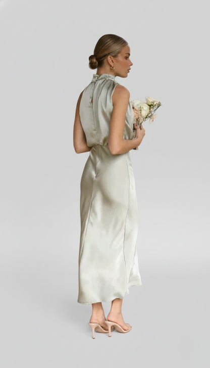 Sage Green Women's Midi Dress - Clare, back view showing open halter neckline and satin skirt