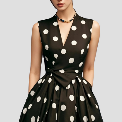 Black Women's Midi Dress - Clarie, close-up of white polka dot bodice and wrap tie waist