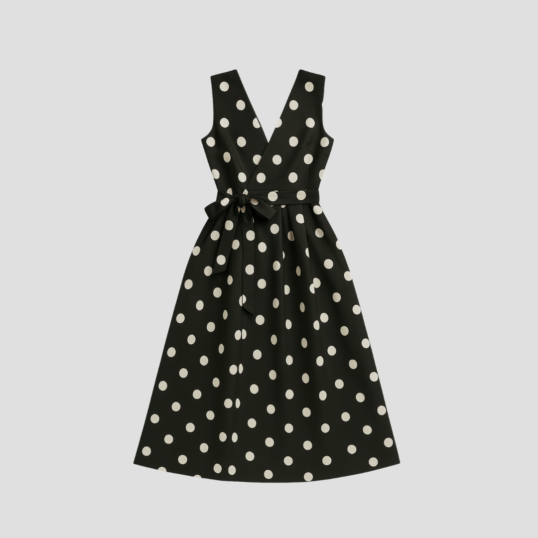 Black Women's Midi Dress - Clarie with white polka dots, flat lay of the sleeveless wrap dress