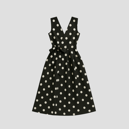 Black Women's Midi Dress - Clarie with white polka dots, flat lay of the sleeveless wrap dress