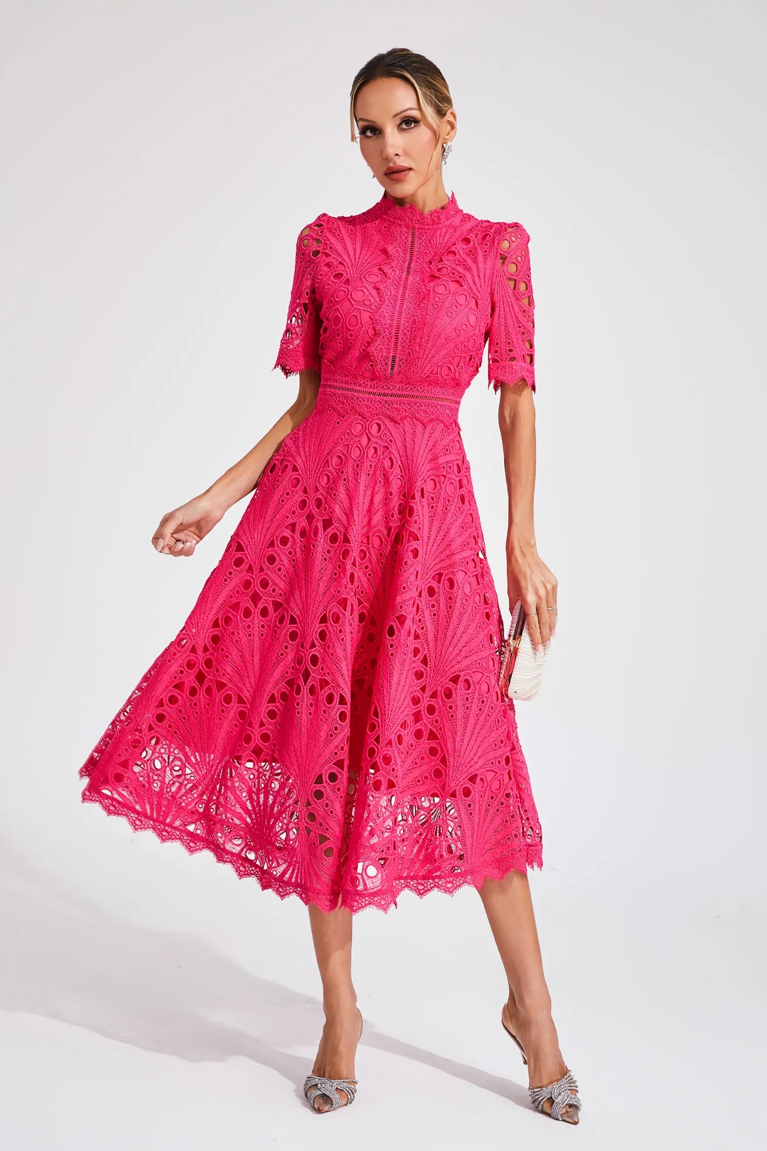 Hot Pink Women's Midi Dress - Felicity, broderie lace with high neck, front view on model
