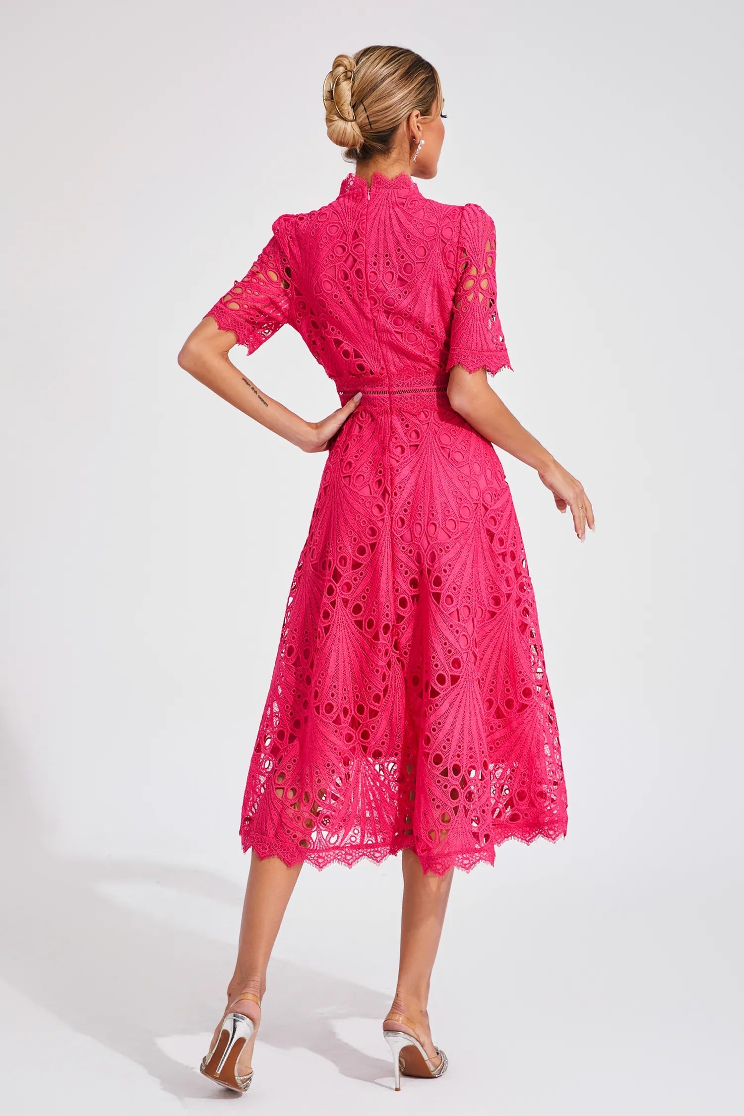 Hot Pink Women's Midi Dress - Felicity, back view of the lace bodice and full flared skirt