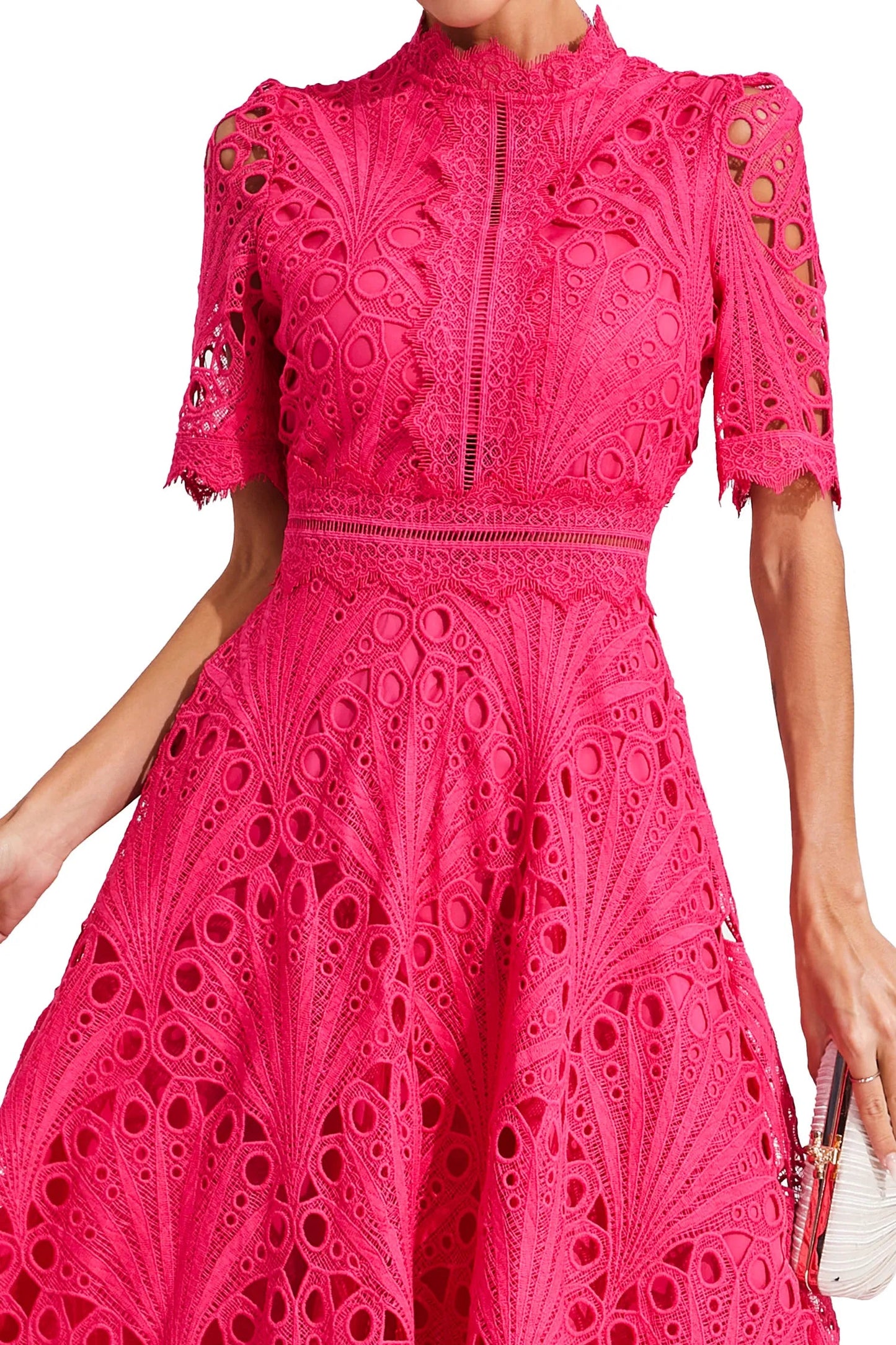 Hot Pink Women's Midi Dress - Felicity, close-up of eyelet lace bodice and scalloped sleeves