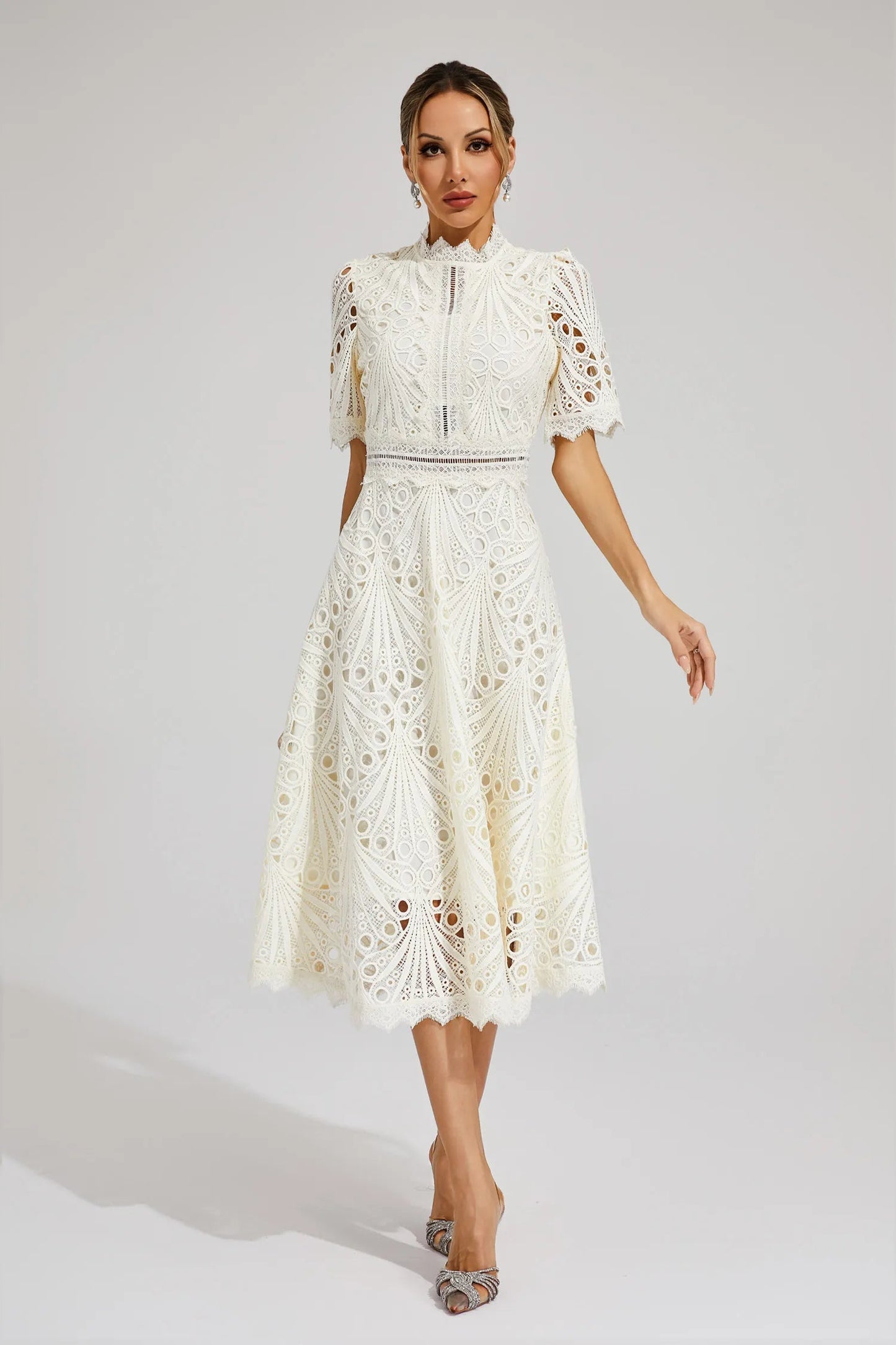 White Women's Midi Dress - Felicity, broderie lace with high neck, front view on model
