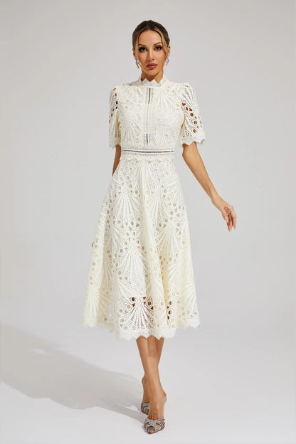 White Women's Midi Dress - Felicity, broderie lace with high neck, front view on model