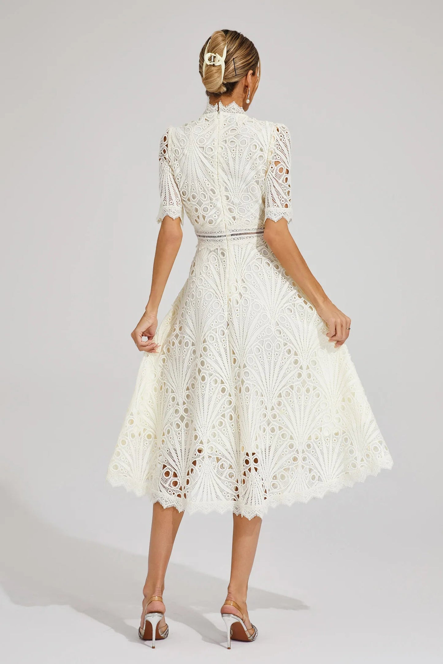White Women's Midi Dress - Felicity, back view of the lace bodice and full flared skirt