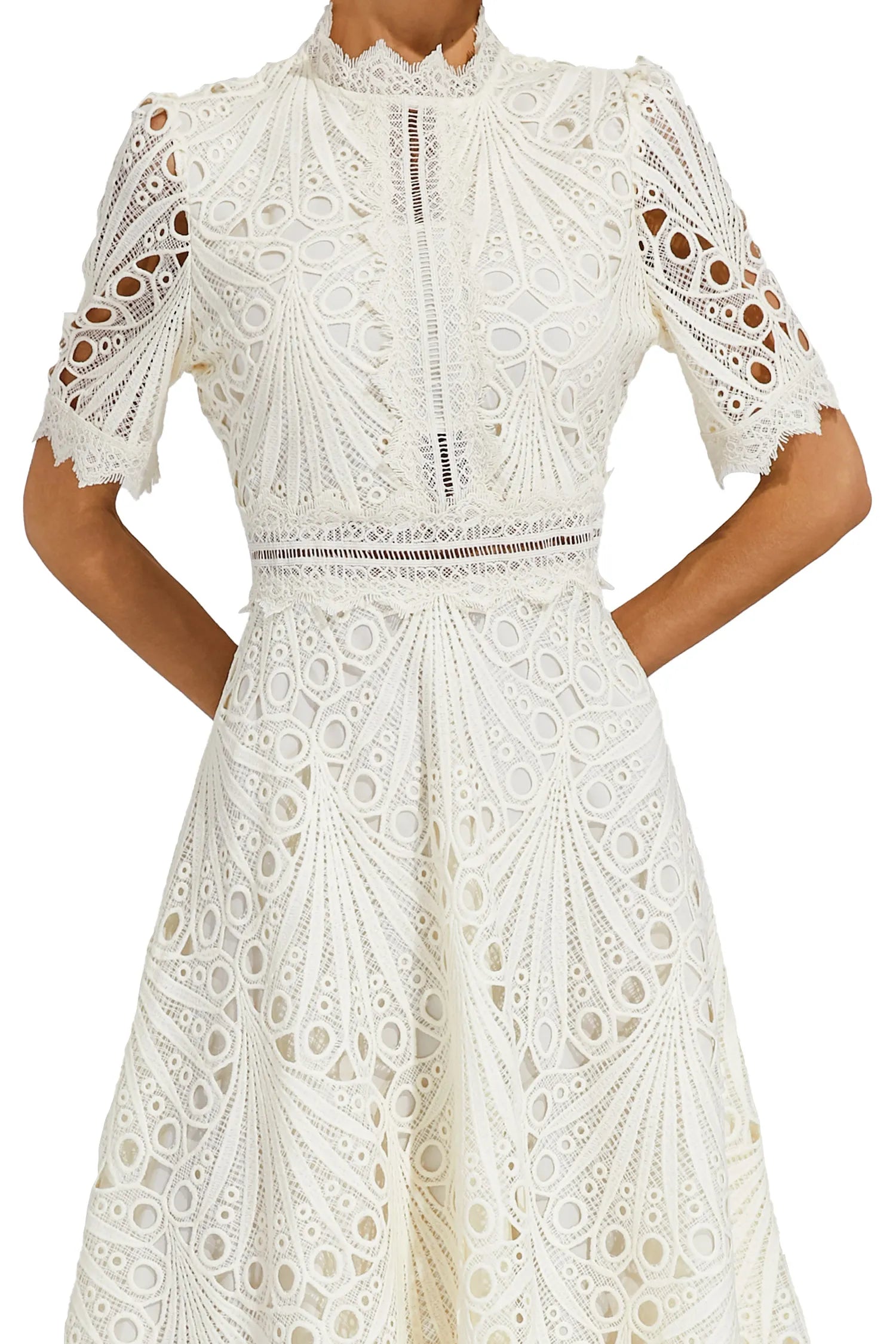 White Women's Midi Dress - Felicity, close-up of eyelet lace bodice and scalloped sleeves