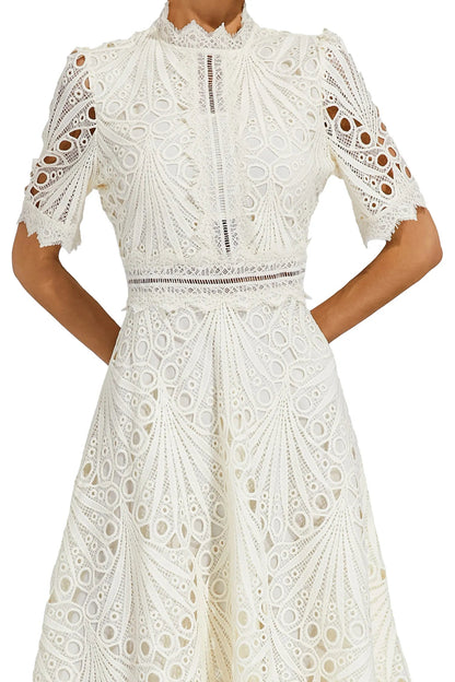 White Women's Midi Dress - Felicity, close-up of eyelet lace bodice and scalloped sleeves