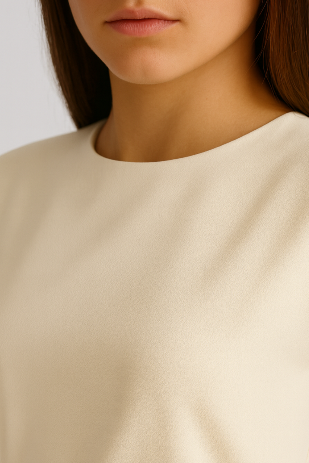 White Women's Midi Dress - Keisha, close-up of the round neckline and smooth crepe fabric