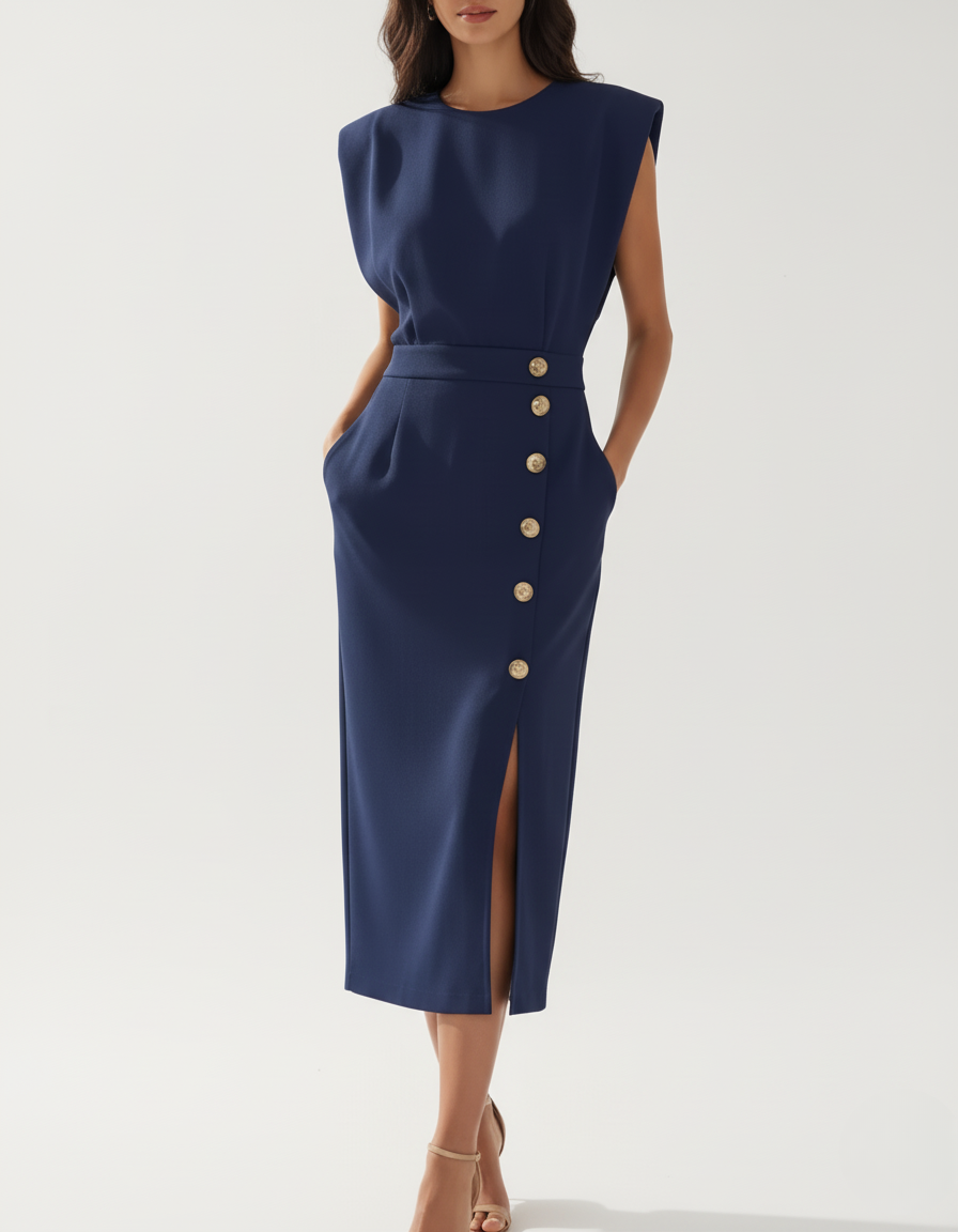 Navy Blue Women's Midi Dress - Liane, cap sleeve pencil dress with gold buttons, front view