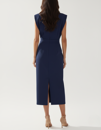 Navy Blue Women's Midi Dress - Liane, back view showing the centre back slit and fitted skirt