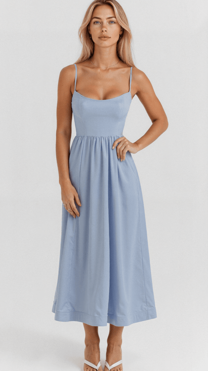 Light Blue Women's Midi Dress - Shanea, spaghetti strap A-line dress, full front view on model